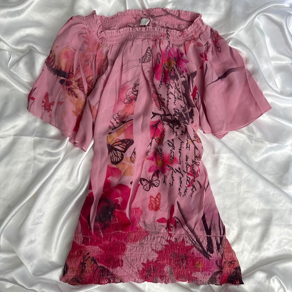 Cato Woman Pink Butterfly Floral Script Smocked Off Shoulder Blouse Plus 14/16W - Picture 2 of 4